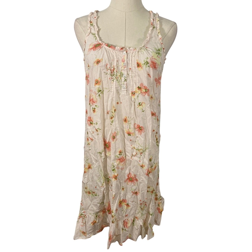 Carole Hochman Small 100% Cotton Pink Ruffle Floral Henley Sleep Lounge PJ Dress